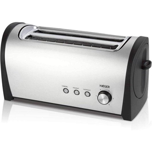 Grille-pain Haeger Desayuno Plus 2 Fentes Longues 1400 W 6 Niveaux Réchauffage Décongélation Noir/Inox
