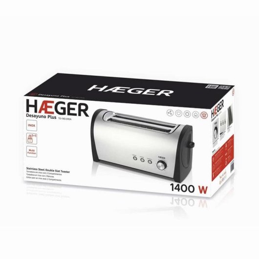 Grille-pain Haeger Desayuno Plus 2 Fentes Longues 1400 W 6 Niveaux Réchauffage Décongélation Noir/Inox