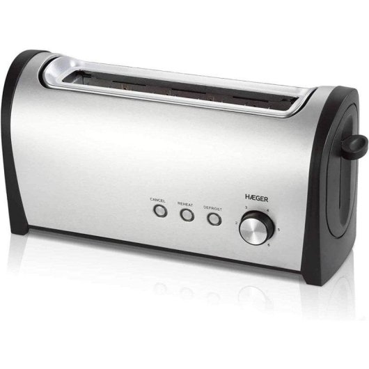 Grille-pain Haeger Desayuno 2 tranches, 1 fente extra-longue, 1000 W, 6 niveaux, noir et inox