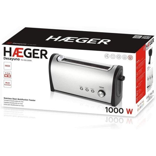 Grille-pain Haeger Desayuno 2 tranches, 1 fente extra-longue, 1000 W, 6 niveaux, noir et inox