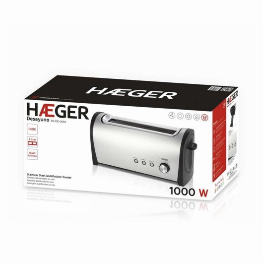 Grille-pain Haeger Desayuno 2 tranches, 1 fente extra-longue, 1000 W, 6 niveaux, noir et inox