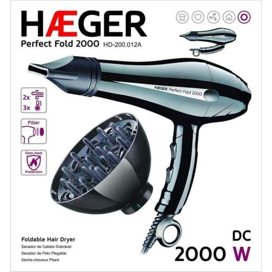 Phon Pieghevole Haeger Perfect Fold 2000W 3 Temperature 2 Velocità con Accessori Nero
