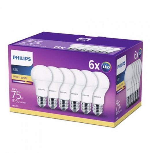 Philips Pack 6x Bombillas LED 75W A60 E27 Luz Blanca Cálida