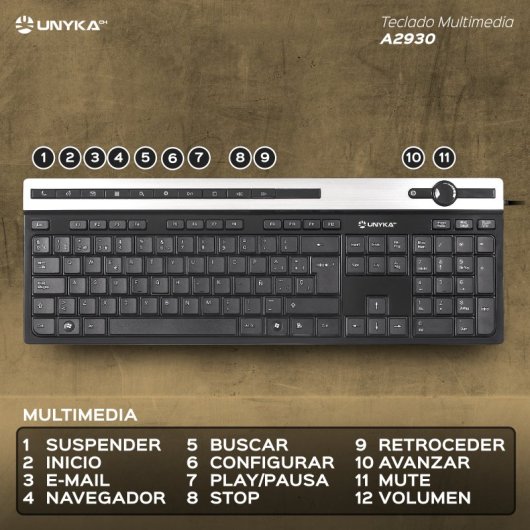 UNYKAch A2930 Teclado Multimedia USB Negro
