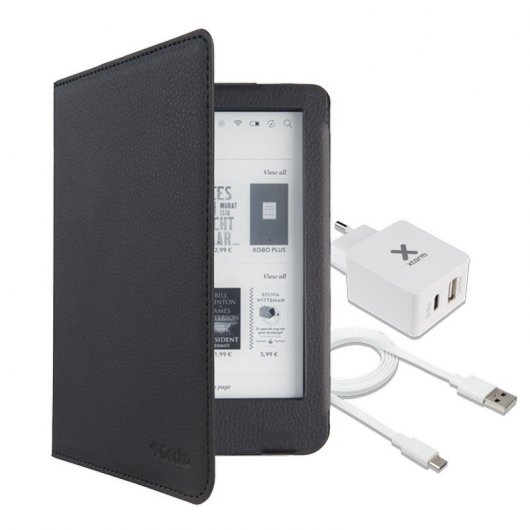 Gecko Capa Luxo Preta para Kobo Clara+Xtorm Adaptador de Corrente USB+USB-C+Xtorm Cabo Plano