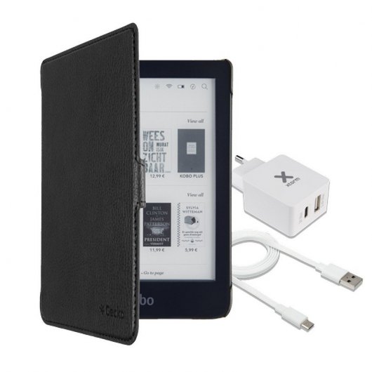 Gecko Funda Slimfit Negra Kobo Clara HD+Xtorm Adaptador de Corriente USB+USB-C+Xtorm Cable Plano USB a M...