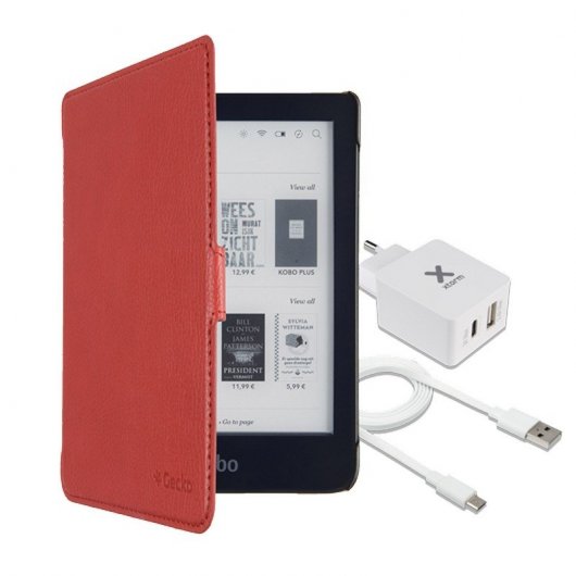 Gecko Capa Slimfit Vermelha Kobo Clara HD+Xtorm Adaptador de Corrente USB+USB-C+Xtorm Cabo Plano USB