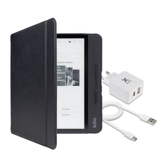 Gecko Slimfit Negra Kobo Forma+Xtorm Adaptador de Corriente USB+USB-C+Xtorm Cable Plano USB a Micro USB 1m
