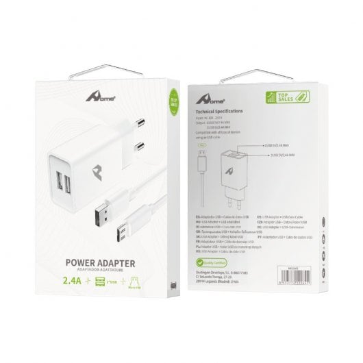Home YTC-02-M Carregador 2x USB 5V 2.4A com Cabo Micro USB Branco