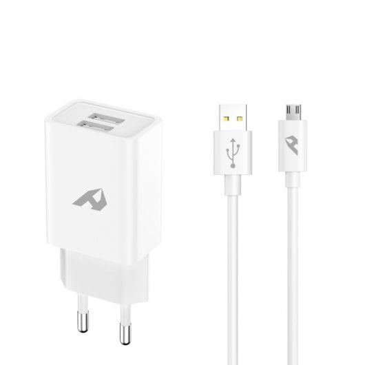 Home YTC-02-M Carregador 2x USB 5V 2.4A com Cabo Micro USB Branco