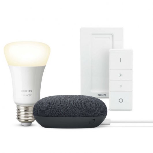 Pack Google Nest Mini Altavoz Inteligente + Philips Hue White Bombilla E27 9W Blanco Cálido + Mando