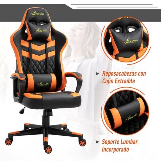 Vinsetto Gaming Silla Reclinable Altura Ajustable Reposacabezas 61x70x121-129cm Naranja