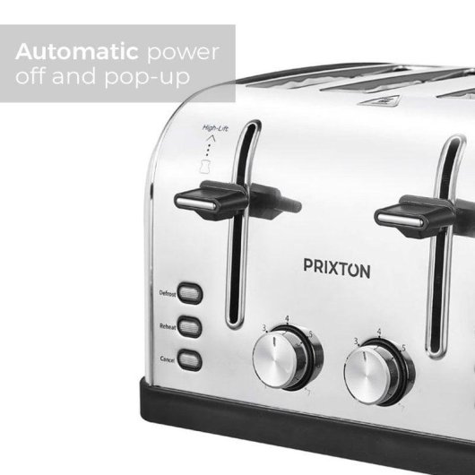 Grille-pain Prixton Bianca 4 fentes extra-larges 1900 W 7 niveaux Décongélation Réchauffage Inox