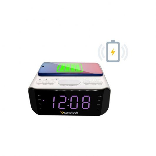 Sunstech FRD50BTWC Radio Despertador Bluetooth con Base Carga Inalámbrica Blanco
