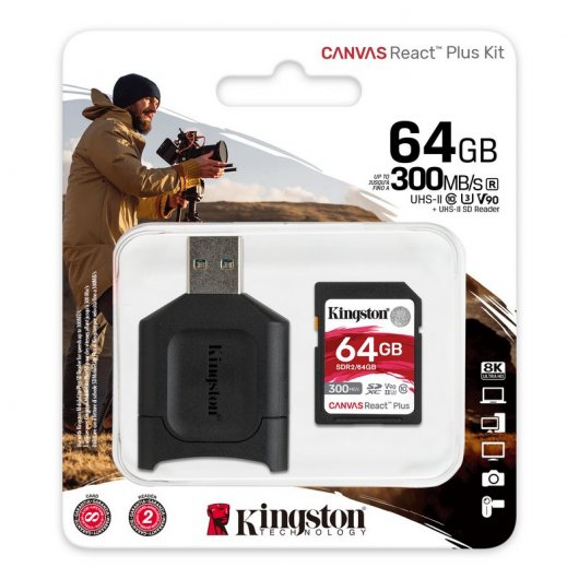 Kingston Canvas React Plus SDXC 64GB UHS-II U3 V90 Clase 10 + Lector SD MobileLite Plus UHS-II