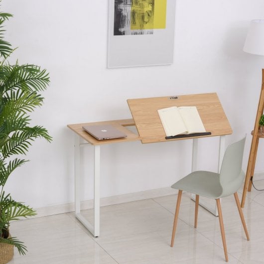 HomCom Mesa de Escritorio Elevable Tablero Ajustable 120x60x76cm Madera/Blanco