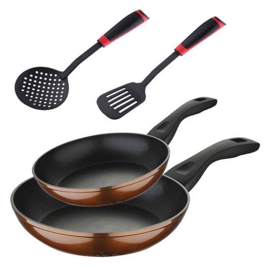 Bergner Set de Sartenes Marrones de Aluminio 20 y 24 cm + Set de 2 Utensilios de Cocina
