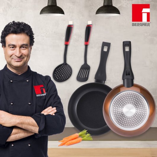 Bergner Set de Sartenes Marrones de Aluminio 20 y 24 cm + Set de 2 Utensilios de Cocina