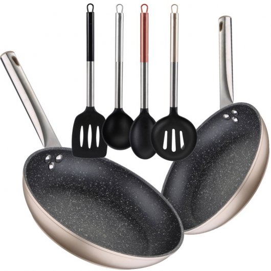 Bergner Neon Rosé Set de Sartenes de Aluminio 20 y 30 cm + Set de 4 Utensilios de Cocina