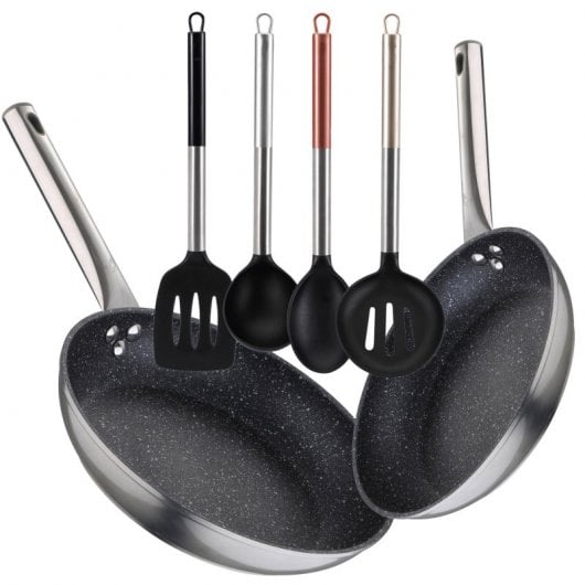 Bergner Neon Silver Set de Sartenes de Aluminio 20 y 30 cm + Set de 4 Utensilios de Cocina