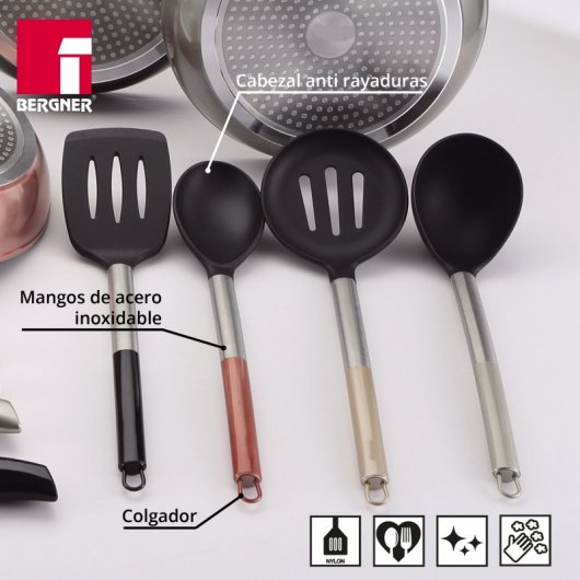 Bergner Neon Silver Set de Sartenes de Aluminio 20 y 30 cm + Set de 4 Utensilios de Cocina