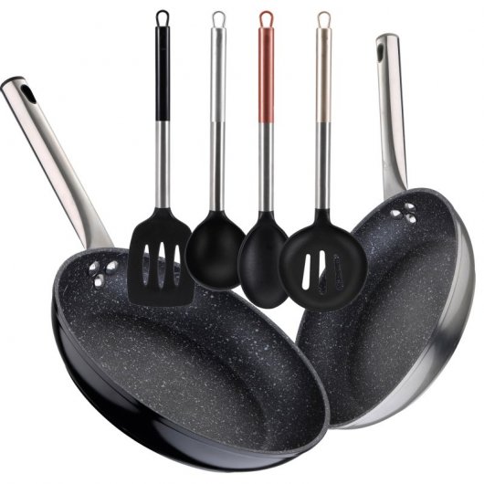 Bergner Neon Set de Sartenes de Aluminio 20 y 30 cm + Set de 4 Utensilios de Cocina