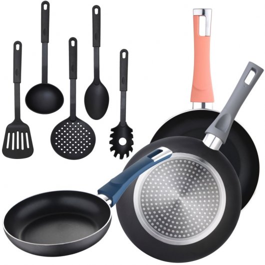 Bergner Nórdica Set de Sartenes de Aluminio 18, 20 y 24 cms + Set de 5 Utensilios de Cocina