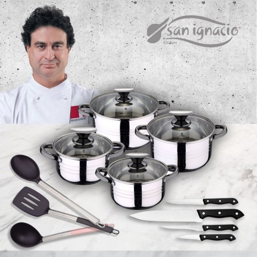 San Ignacio Set 4 Cacerolas de Acero + 4 Cuchillos de Cocina + 3 Utensilios