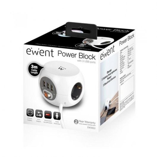 Ewent EW3953 Base 3 Tomas + 3 USB 3m Blanco