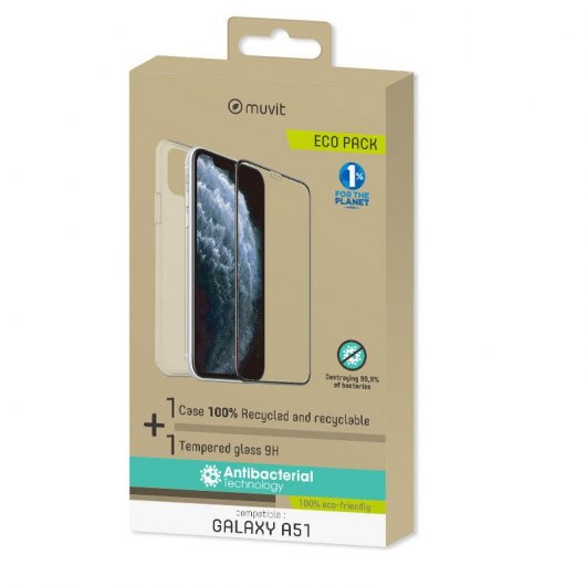 Muvit MCPAK0032 Pack Funda + Protector Cristal Templado Antibacterianos para Samsung Galaxy A51