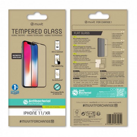 Muvit MCTPG0021 Protecteur en verre trempé antibactérien avec cadre noir 0,3 mm pour iPhone 11/XR