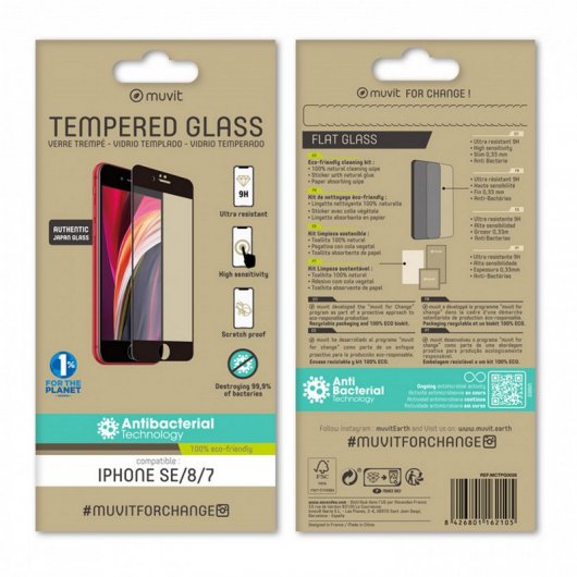 Muvit MCTPG0026 Protector Cristal Templado Antibacteriano Marco Negro 0.3mm para iPhone 7/8/SE 2020
