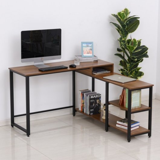 Homcom Mesa de Oficina en Forma de L con Estantes 152x152x78cm Nogal