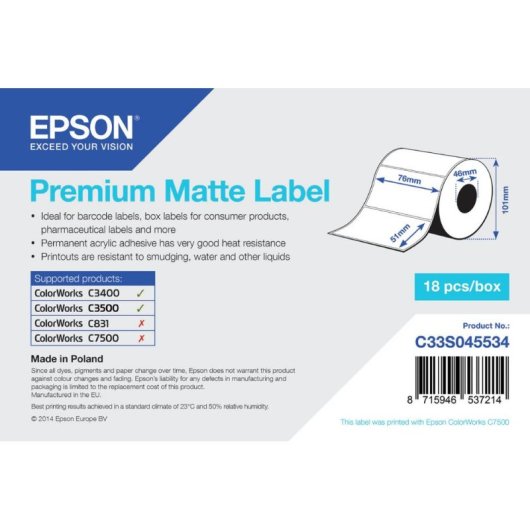 Etiqueta Epson TM-C3400BK 76x51mm Mate Branco 650 Unidades Adesivo Acrílico