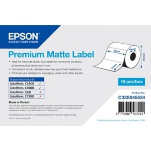 Etiqueta Epson TM-C3400BK 76x51mm Mate Branco 650 Unidades Adesivo Acrílico