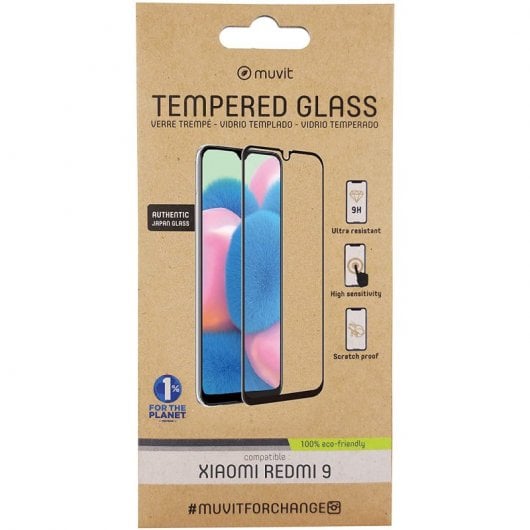 Muvit Protector Pantalla Cristal Templado Plano Marco Negro para Xiaomi Redmi 9