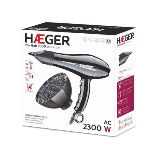 Sèche-cheveux Professionnel Haeger Pro Hair 2300W 3 Températures 2 Vitesses avec Accessoires Noir