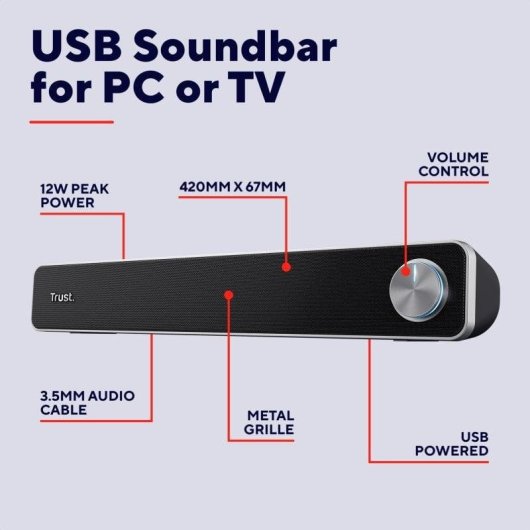 Barra de Som Trust Arys 2.0 6W RMS USB Jack 3,5mm Preta