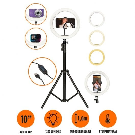 Ksix Kit Studio Live Max Anello LED con treppiede da pavimento 1,60 cm per smartphone