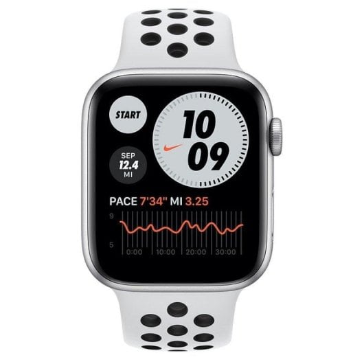 Apple Watch Nike Series 6 GPS 44mm Retina OLED Argento Cinturino Nike Sport Platino Nero S/M Resistenza Acqua 50m SpO2 ECG
