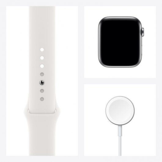 Apple Watch Series 6 GPS + Cellular, 44mm in acciaio inossidabile color argento con cinturino Sport Bianco