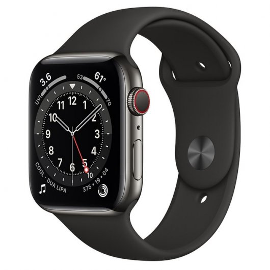 Apple Watch Series 6 GPS + Cellular 44mm Aço Inoxidável em Grafite com Bracelete Desportiva Preta