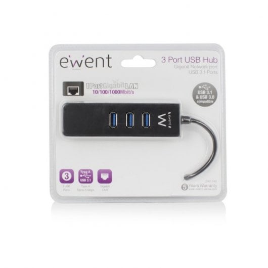 Ewent Hub 3 ports USB 3.1 Gen1 avec port réseau Gigabit