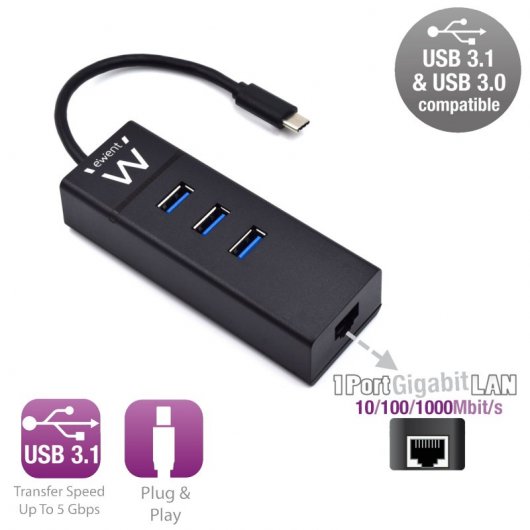 Ewent EW1141 hub & concentrateur USB 3.2 Gen 1 (3.1 Gen 1) Type-C 5000 Mbit/s Noir