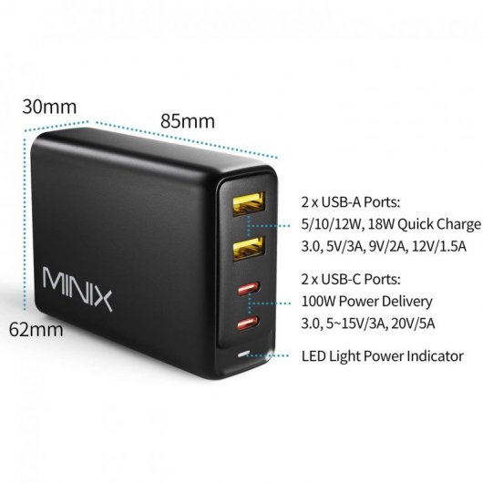 Minix P2 Carregador 4 Portas USB 3.0/Tipo-C 100W