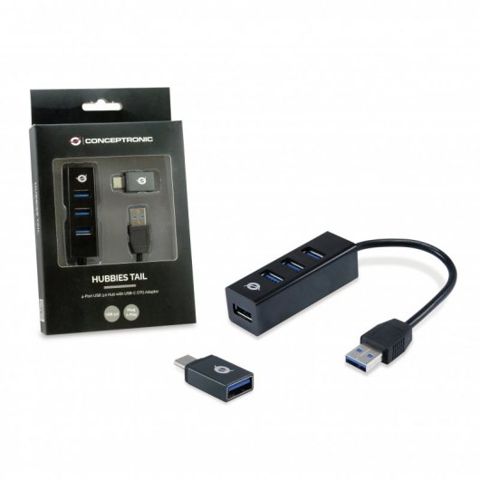 Conceptronic Hubbies Concentrador USB 3.0 x4 con Adaptador OTG USB-C