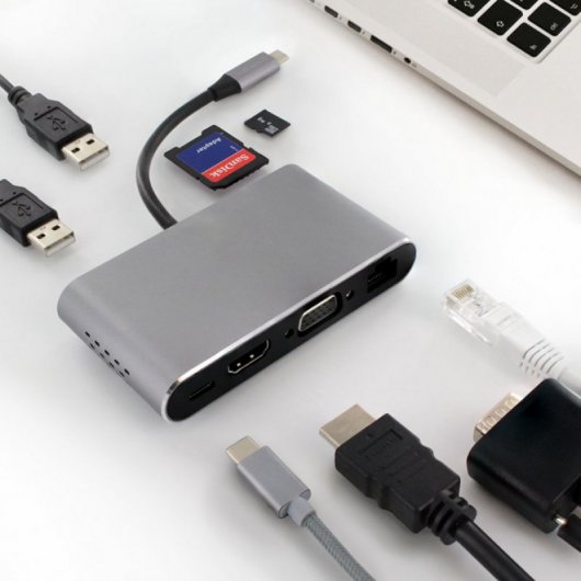 Metronic HUB USB-C 8 em 1 HDMI/RJ45/USB/VGA/SD/microSD/USB-C