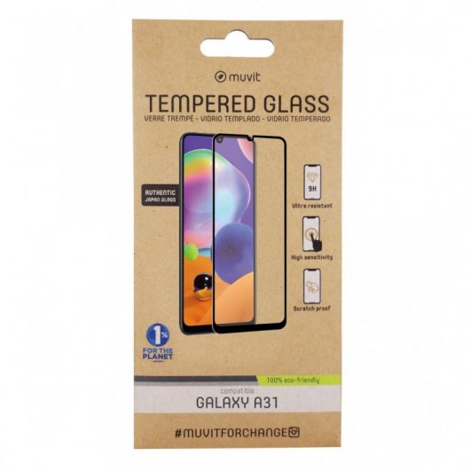 Muvit Protector de Pantalla Cristal Templado Plano Marco Negro para Samsung Galaxy A31