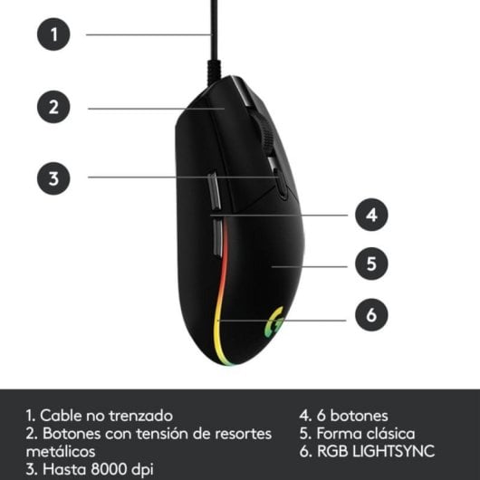 Ratón Logitech G102 LIGHTSYNC USB 8000 DPI Negro RGB 6 Botones
