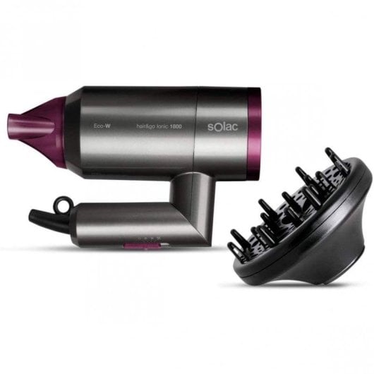 Secador de Cabelo Dobrável Iónico Solac Hair&Go Ionic 1800 2000W 2 Temperaturas 2 Velocidades com Difusor Cinzento/Púrpura